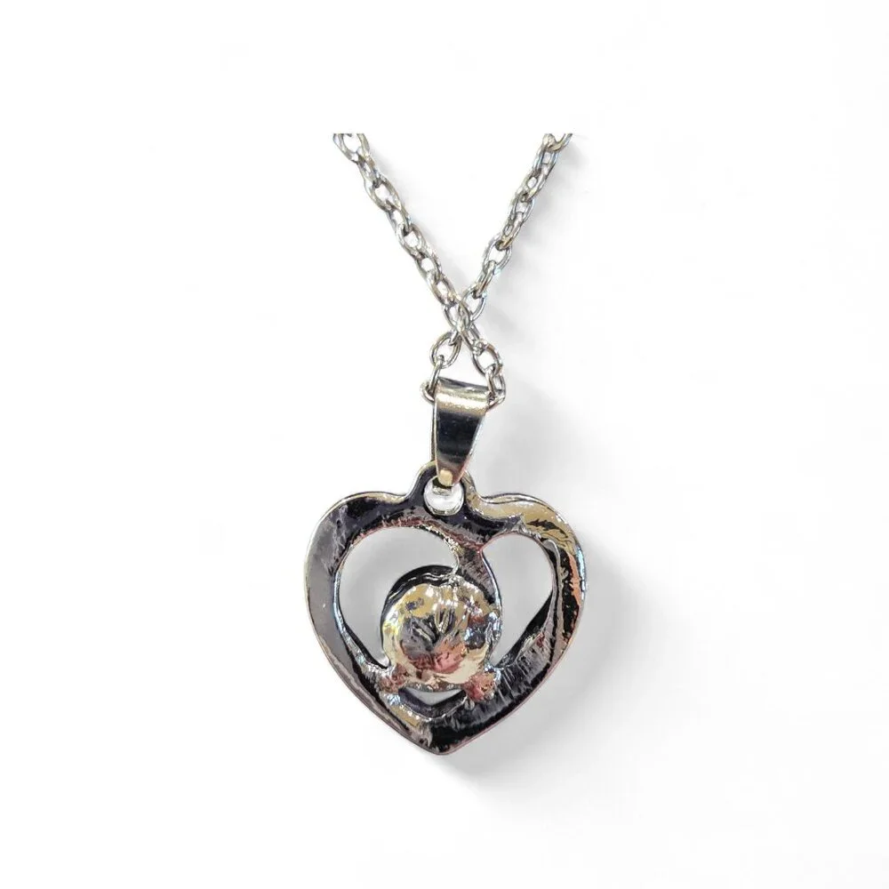 Silver-tone Light Blue Solitaire Stone Open Heart Pendant Silver Chain Necklace